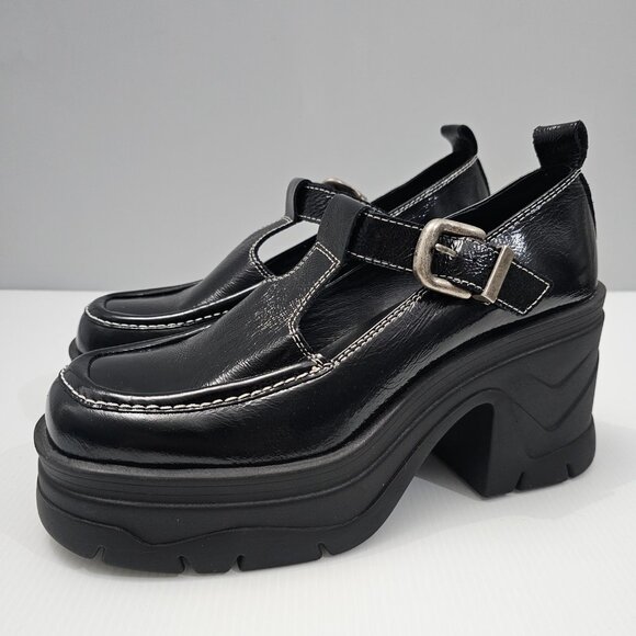 Free People Mayla Loafer Mary Jane Platform T Strap Black Leather Size 9.5